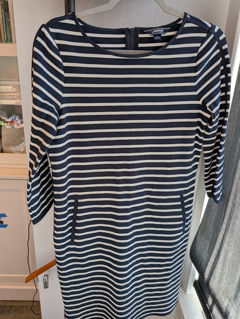 Lands' End Navy Striped Pointe Dress w/ Pockets 3/4 Sleeves Size 8